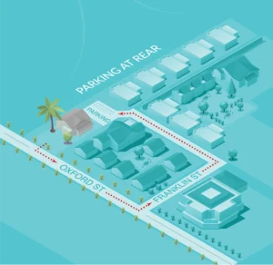 Map showing the route from Oxford Street into Franklin Street and the rear laneway to free patient parking behind JCV Endodontics, 348 Oxford Street, Leederville